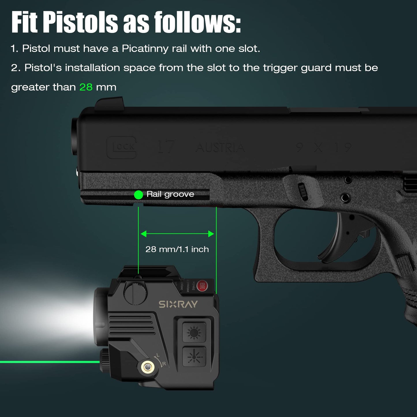 SIXRAY Pistol Light Laser Sight 420 Lumens Gun Light with Magnetic Charging Strobe Function Green Laser Light Combo for Pistol Laser Class II
