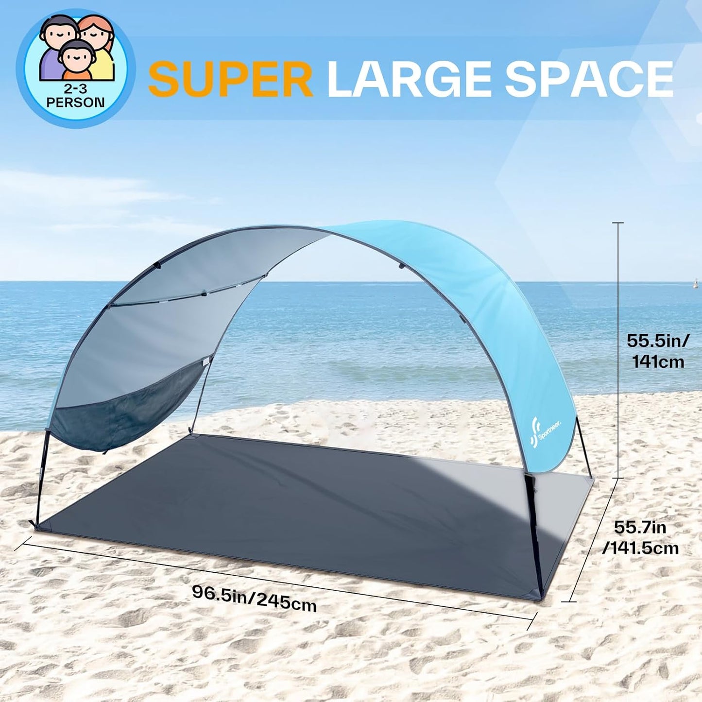 Sportneer Beach Tent - UPF 50+ UV Protection Canopy for 2-3 People | Easy Setup, 96.5''x55.7'' Size