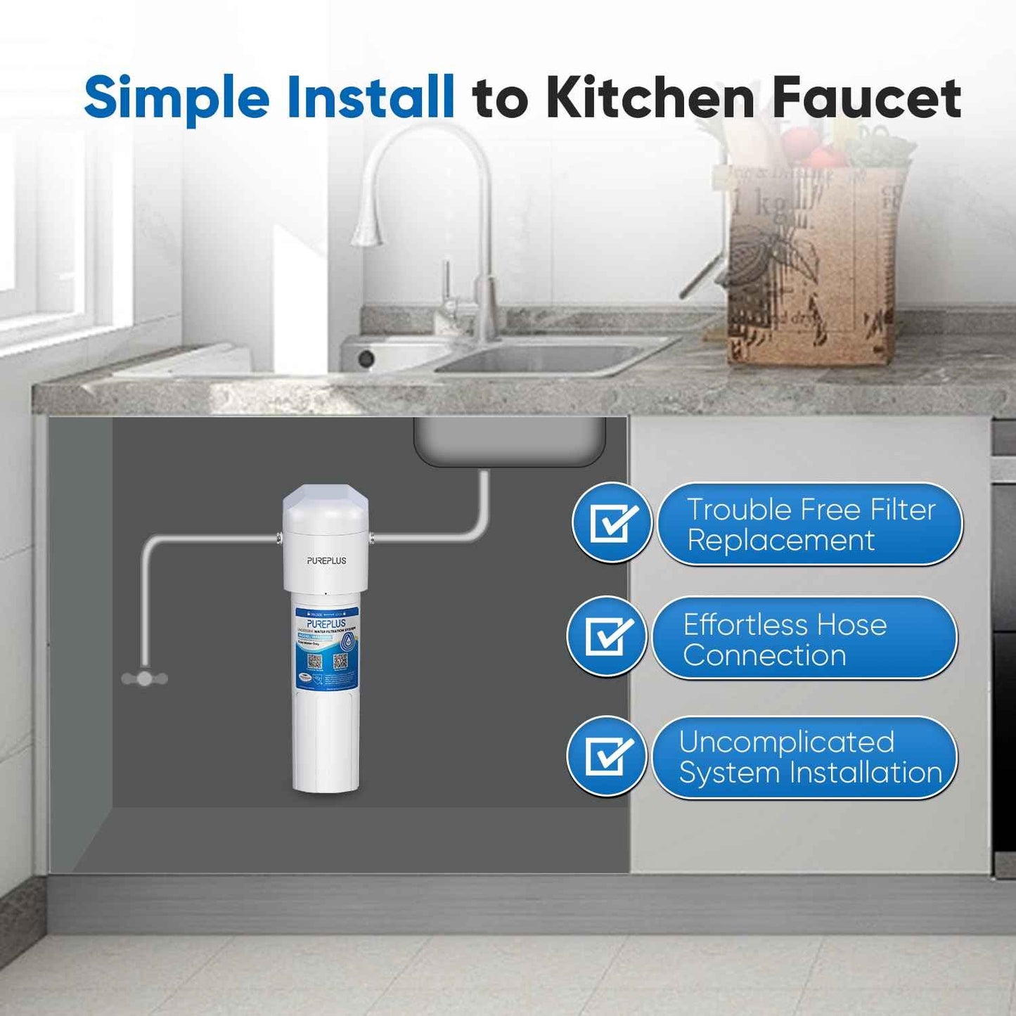 PUREPLUS Under Sink Water Filter System, 22000 Gallons, 99.99% Chlorine Reduction, NSF/ANSI 42 Certified,Removes Heavy Metals,Chlorine, Direct Connect Under Counter Water Filtration System