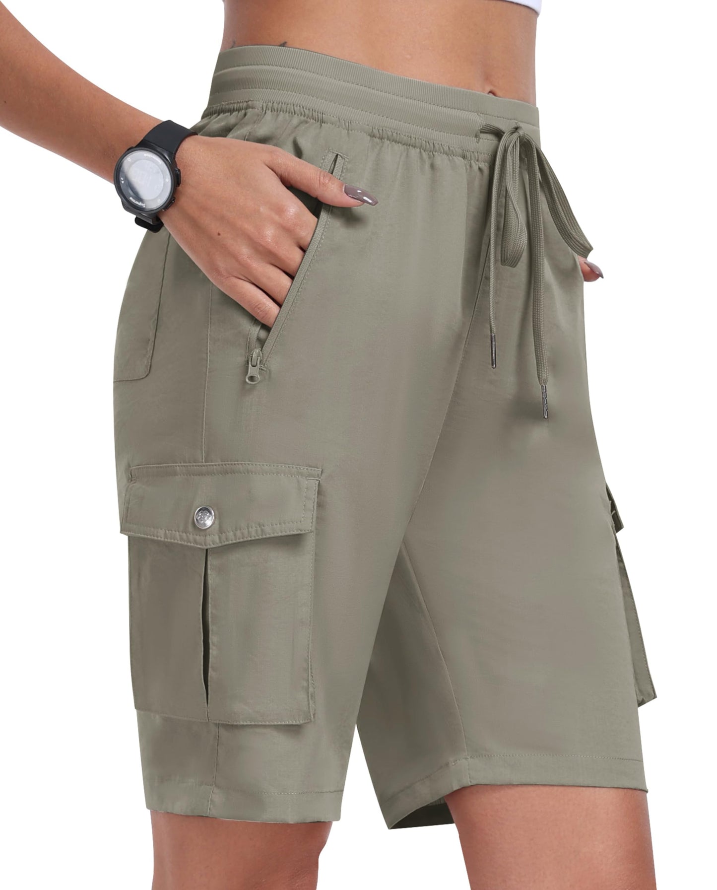 MoFiz Womens Shorts with Pockets Loose Fit Casual Cargo Shorts Lightweight Ladies Hiking Shorts Grey Khaki XL