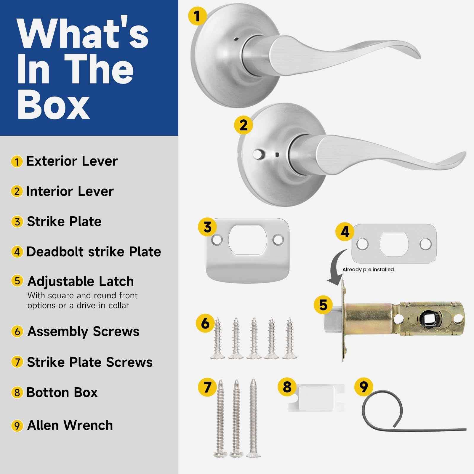 RAFECIEE Passage Door Handle Keyless Closet Door Handles Interior Wave Lever Door Handle for Hallway, Reversible for Right & Left, Satin Nickel