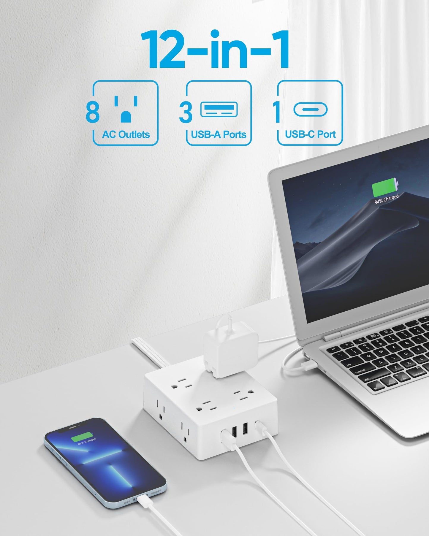 Surge Protector Power Strip 10 ft Cord, Olcorife Ultra Thin Flat Plug Extension Cord, 8 Outlets 4 USB Ports(1 USB C), Flat Plug Outlet Extender, College Dorm Room Essentials, White