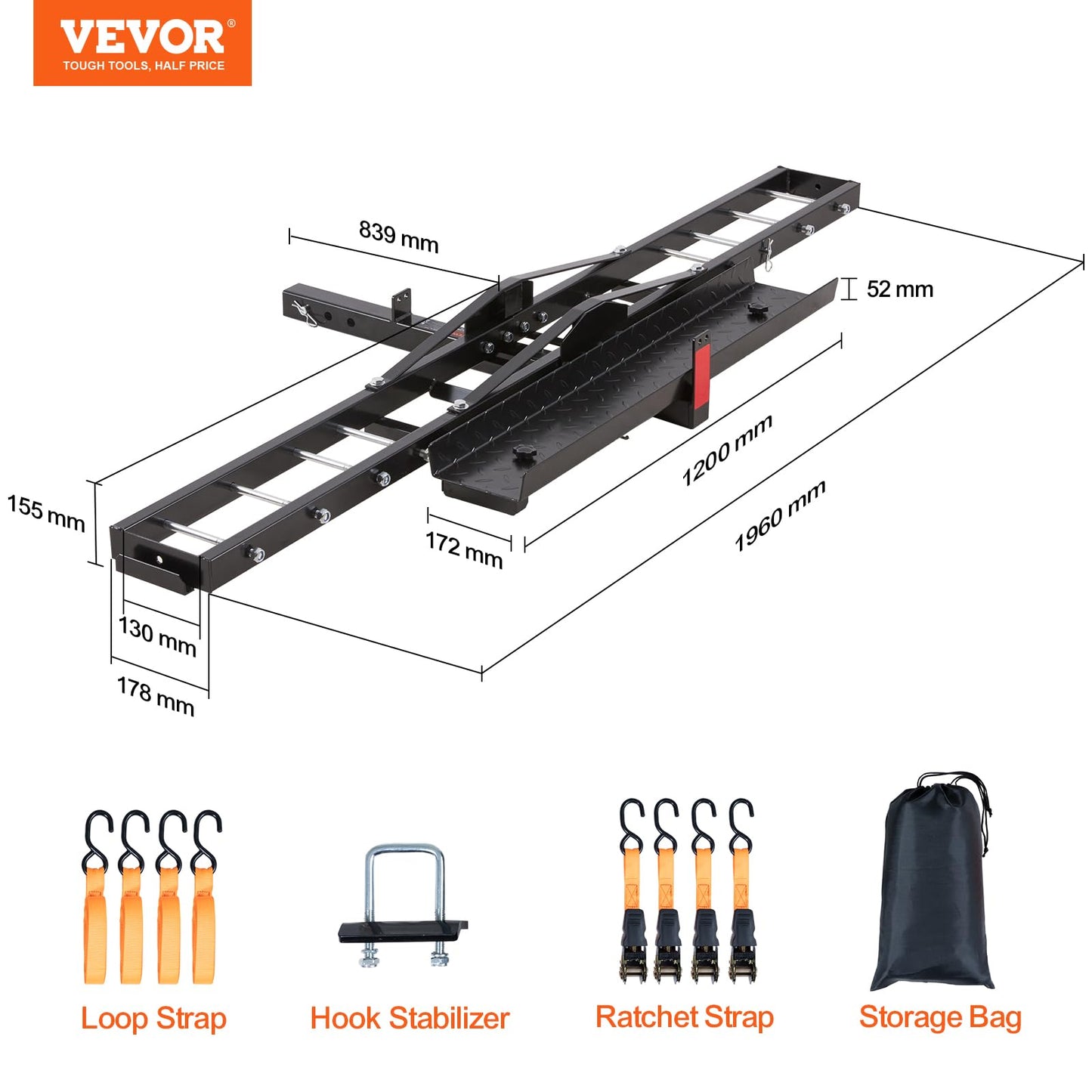 VEVOR Motorcycle Carrier, 600 LBS Steel Motorcycle Carrier Hitch Mount with 47" Longer Ramp, Scooter Dirt Bike Trailer Hauler with Ratchet Straps and Stabilizer, for Car, Truck with 2" Hitch Receiver