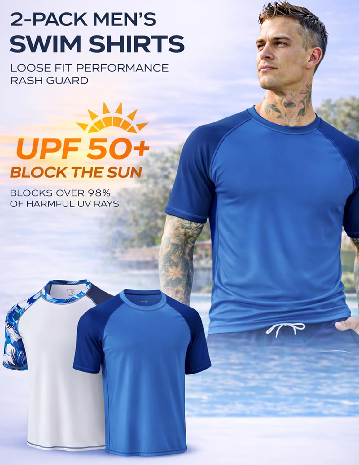 Skiennix Swim Shirts for Men - UPF 50+ Quick Dry Rash Guard | Loose Fit Short Sleeve - 2-Pack