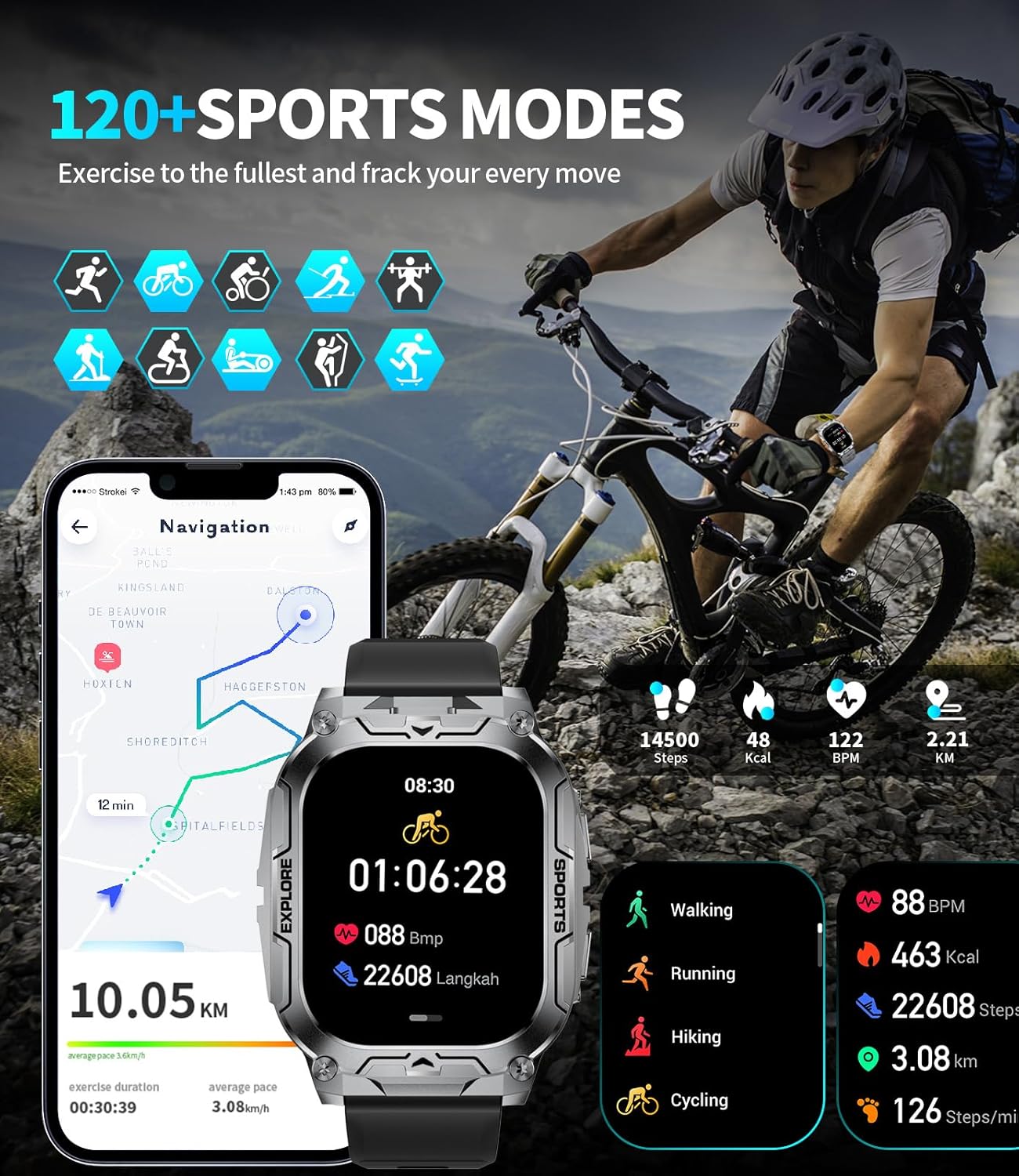 TX12 Smart Watch - Military Fitness Tracker with 100+ Sports Modes | 2.01'' HD Display, IP68 Waterproof, Black