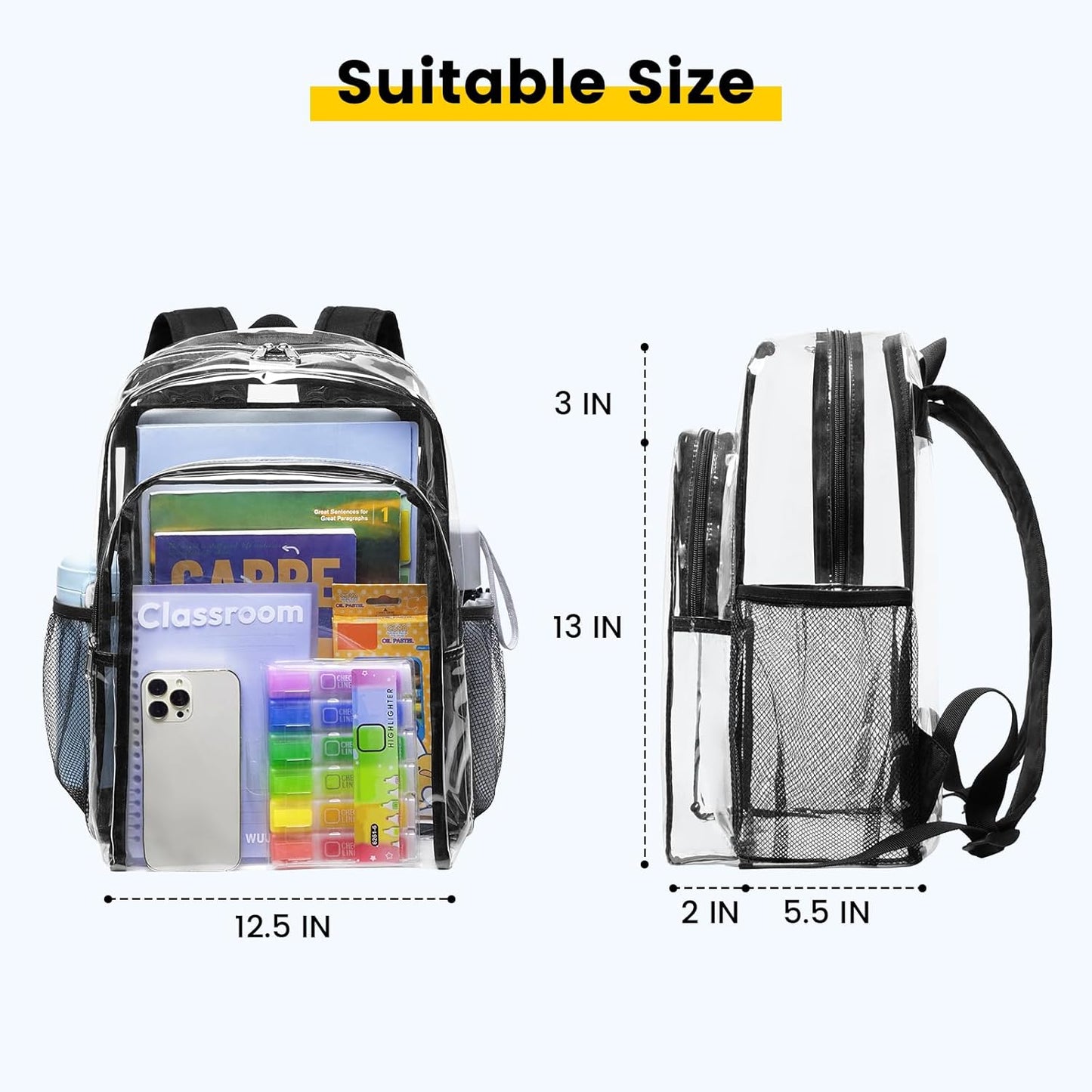 Vorspack Clear Backpack - Heavy Duty Transparent Bookbag for School, Work & Concert | Large Black Design