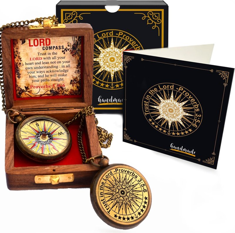 Trust in The Lord with All Your Heart -Proverbs 3: 5-6 Quote Engraved Compass with Wooden Box, Birthday, Baptism, Communion, Christmas, Graduation Day Gifts 2026 Compass for Women Mens Boy Girls