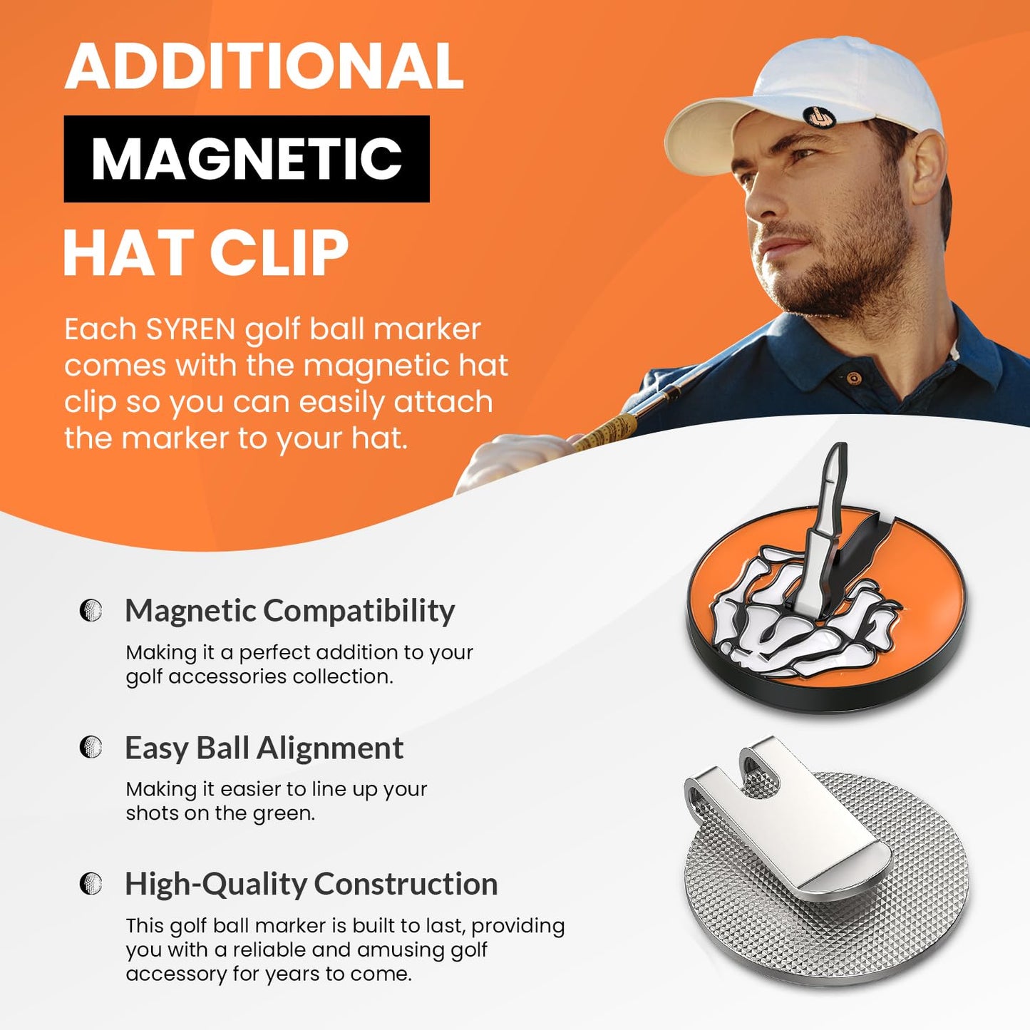 Syren Bone Skeleton Middle Finger Golf Ball Marker with Magnetic Hat Clip Alignment, Funny Golf Accessories Great Gift for Golf Lovers Golf Cap Premium Gifts Golf Enthusiasts (Orange Bone)