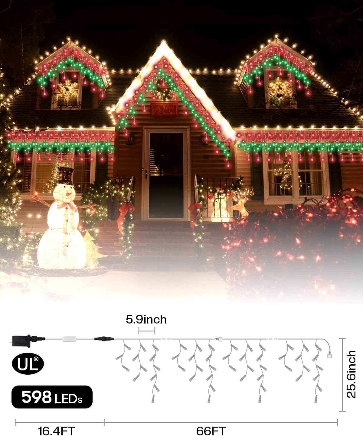 33FT Smart RGB Icicle Lights with 299 LED Drops - App & Remote Control, Music Sync Waterproof Christmas String Lights for Patio & Party Decor