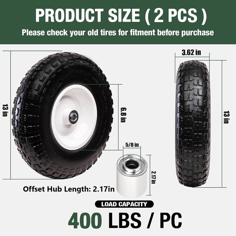 Taifa 2 PCS 13 Inch Solid Flat Free Replacement Tires and Wheels 4.00-6 with 5/8'' Bearing and 2.17'' Offset Hub, Air Less Wheel for Wheelbarrow/Wagon/Hand Truck/Trolley/Garden Scooter etc.