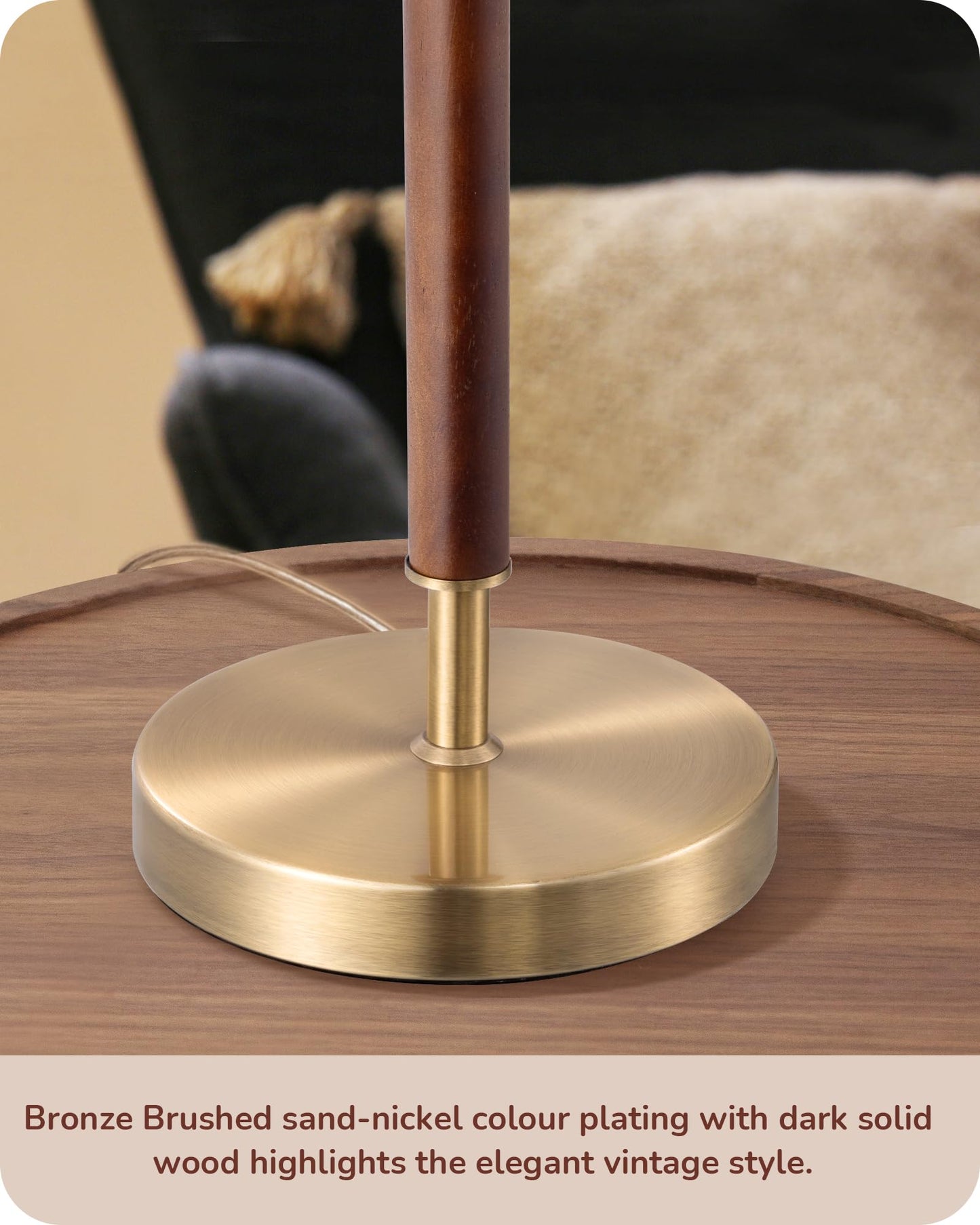 EDISHINE Mid Century Table Lamp Set of 2, Pull Chain Switch Bedside Lamp, Linen Shade, Solid Wood Pole & Bronze Brushed Metal Base, Modern Nightstand Lamp for Bedroom, Living Room, Office, E26 Base