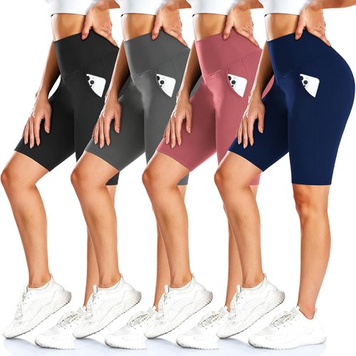 FULLSOFT Biker Shorts for Women - 4 Pack High Waisted Tummy Control with Pockets | 8" Yoga & Running Shorts