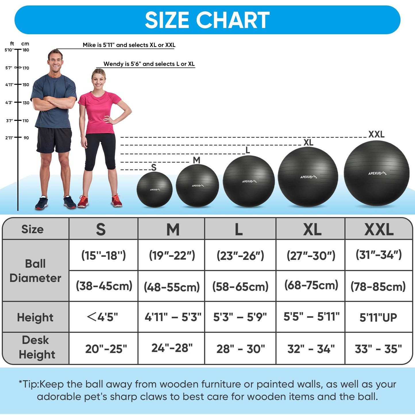 APEXUP Yoga Ball, 660 lbs Anti-Burst Exercise Ball with Pump, 5 Sizes (L (23"~26") 65cm, Black)