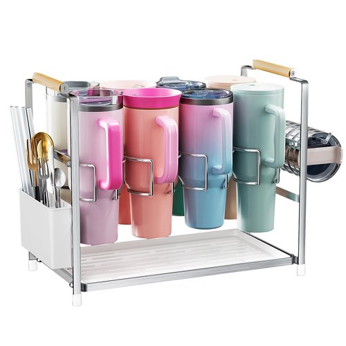 Housolution Water Bottle Organizer Drying Rack for 40 oz Tumbler with Handle, Multifunctional Cup Storage Holder Compatible with Stanley, Owala, Simple Modern and Other Brands, Silver(Patented)