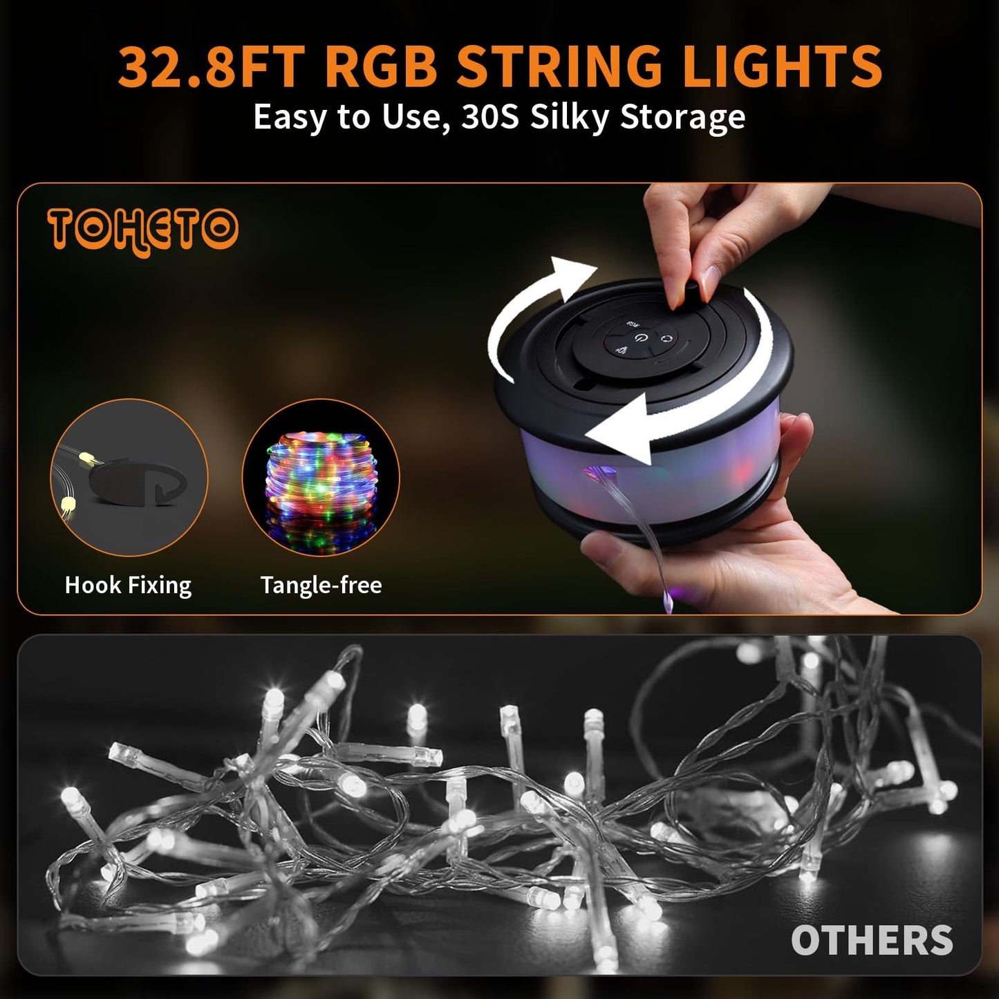 TOHETO Camping String Lights, 3 in 1 Upgraded Retractable RGB Outdoor String Lights with 19 Lighting Modes, Quick 30s Recovery, 32.8 FT Portable Tent Lights, Rechargeable Camping Lantern (Black)