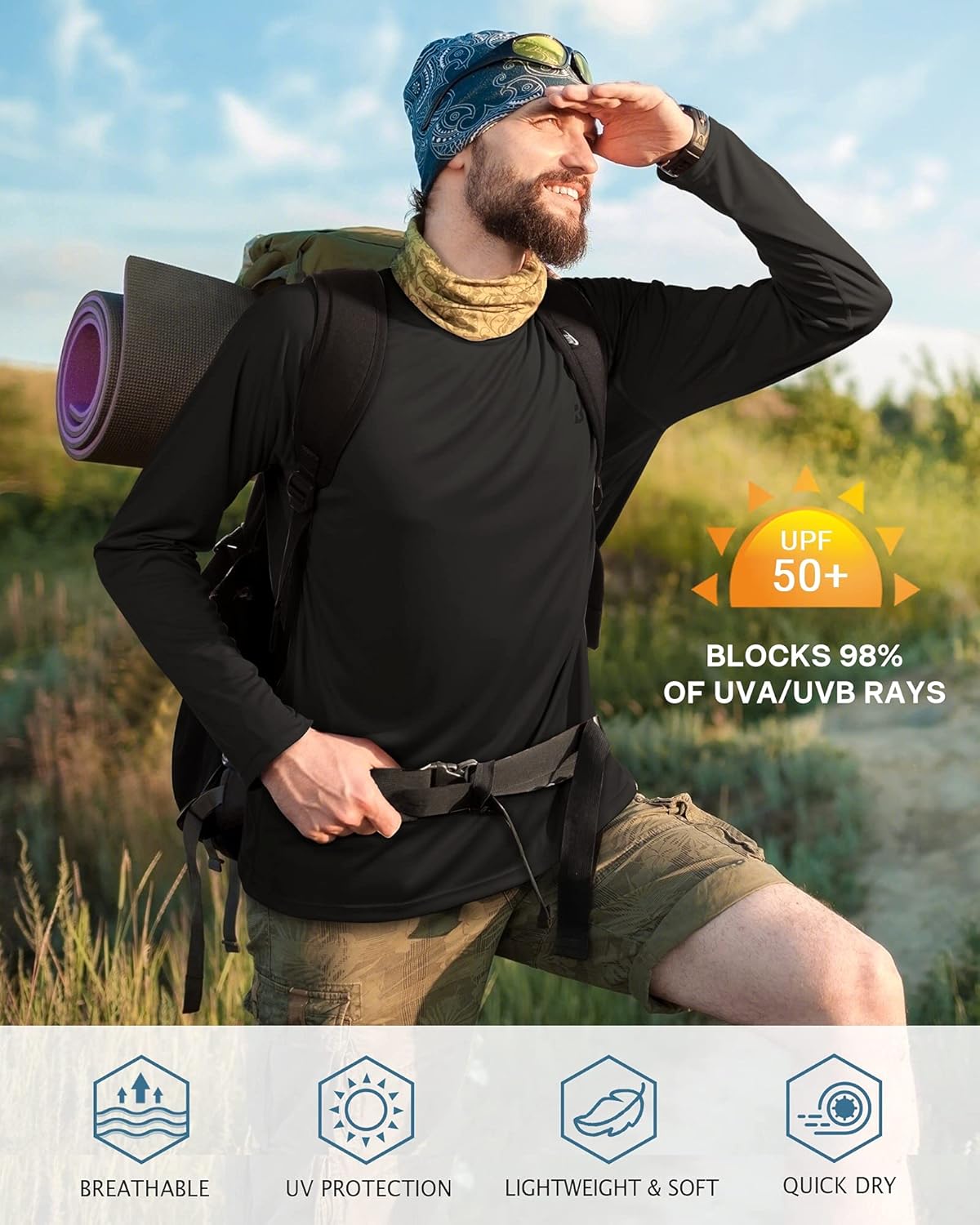 Roadbox Men's UV Sun Protection Shirt - UPF 50+ Long Sleeve Rash Guard for Fishing & Outdoor Activities