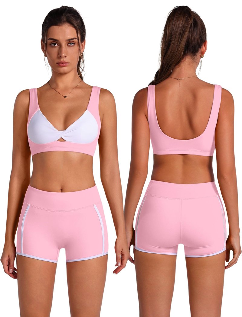 ABOCIW Workout Sets for Women 2 Piece Contrast Trims Twist Front Sports Bra High Waist Mini Shorts with Pockets Pilates Outfits Athletic Yoga Gym Sets Pink Medium