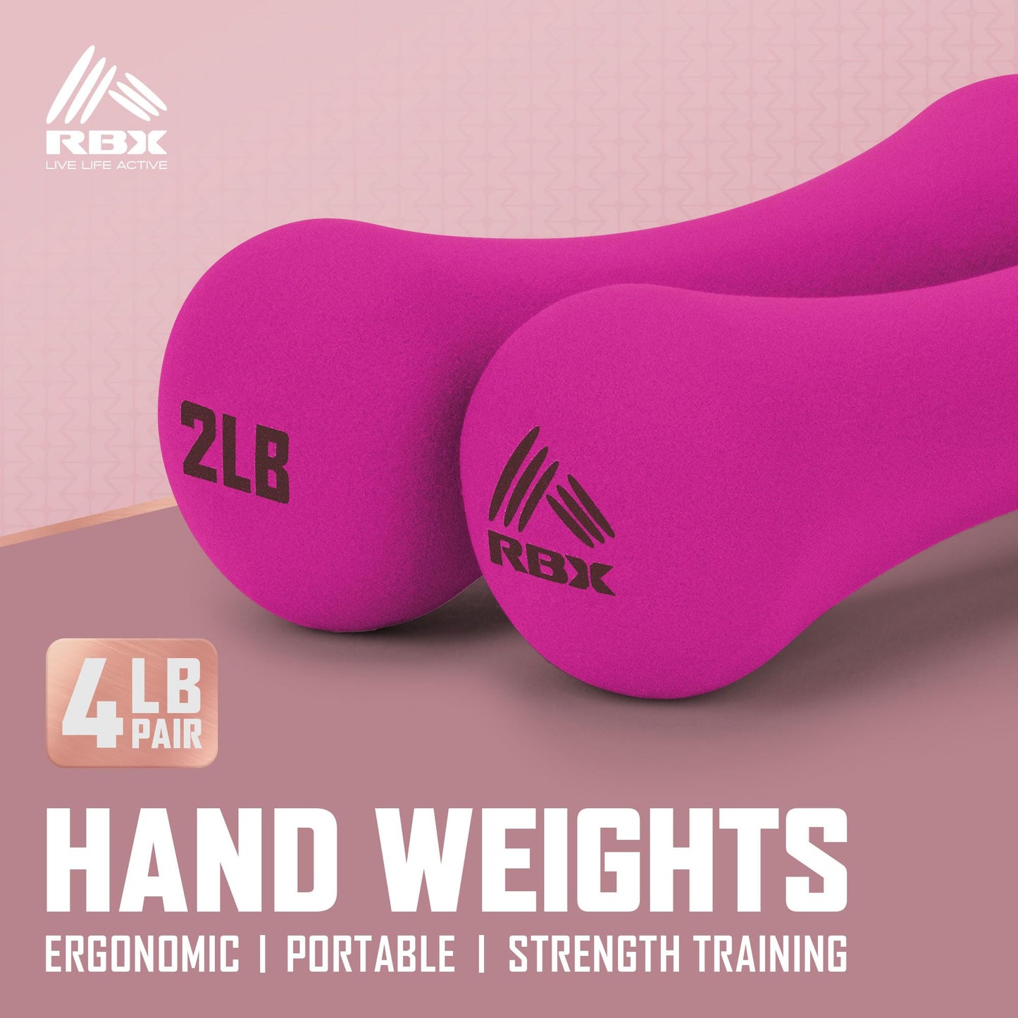 RBX Hand Weights, Neoprene Hand Weights for Home Workouts, Cardio & Strength Training, Home Gym Equipment (Bright Pink, 4LB (2lb each))