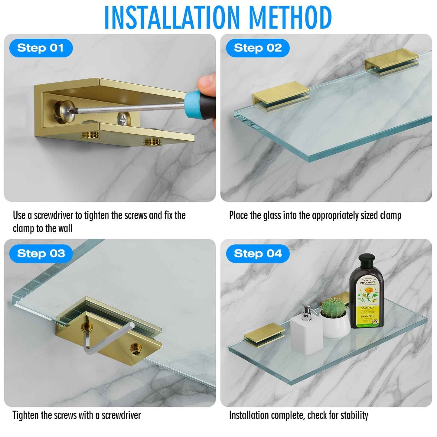 Ranbo 2 Pcs Frameless Glass Clamp Brackets for Shelf and Shower, Heavy Duty Wall Mount Rectangular Holders for 1/4" to 1/2" Panels, Matte Gold Finish Hardware
