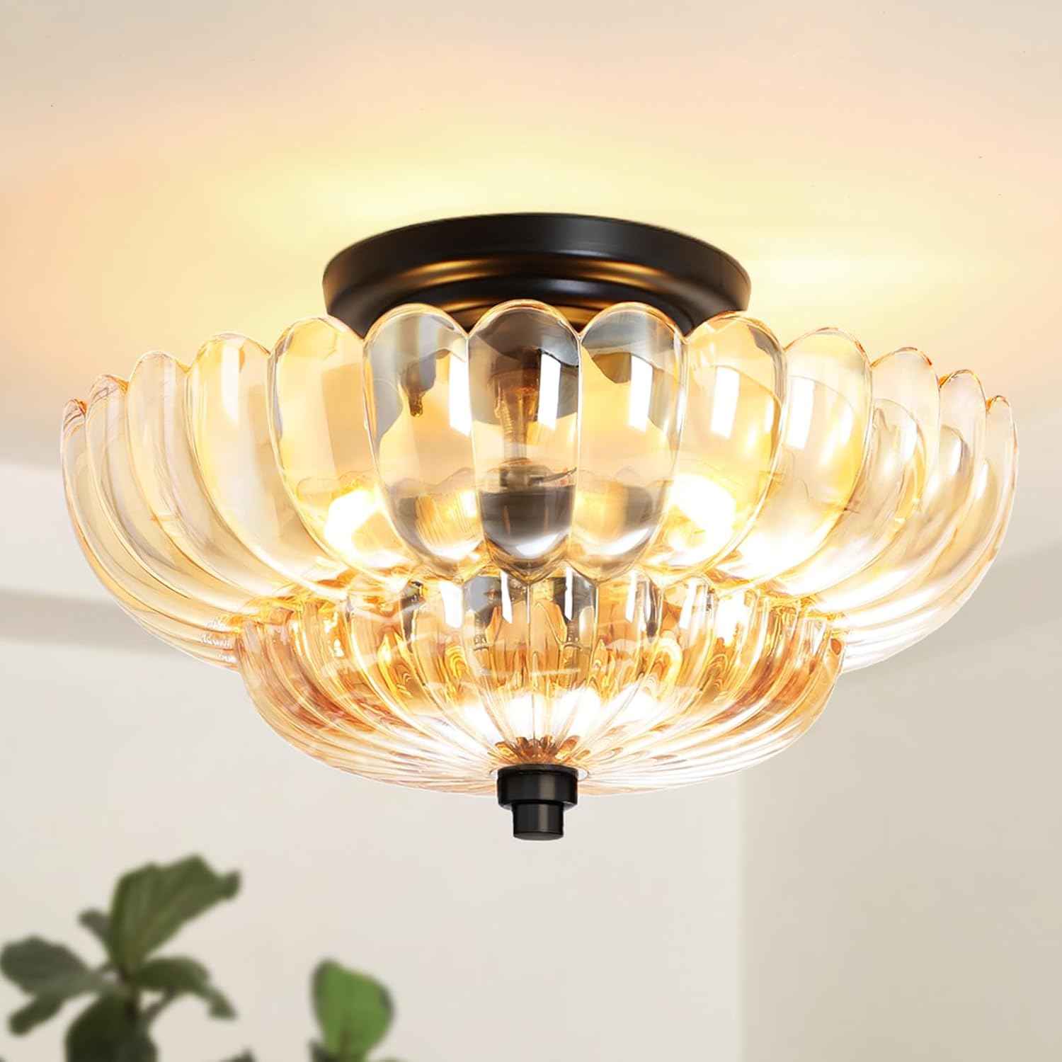 Modern Semi Flush Mount Ceiling Light Fixture with Brown Glass & Black Base - Ideal for Living Room, Kitchen, Bedroom, Hallway (Bulb Not Included)