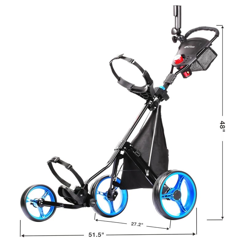 PRECISE Cruiser 3-Wheel Golf Push Cart with Foot Brake & Stabilizer Rods – Folding Golf Trolley, Ergonomic Handle, Detachable Storage Bag, Scorecard & Cup Holder - Black/Blue