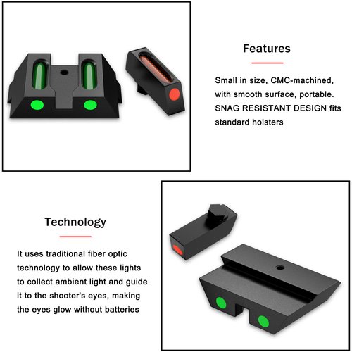Fiber Optic Sights Front and Rear for Glock 17 17L 19 22 23 24 26 27 33 34 35 38 39 No Tritium 3 Dot Night Sights for Outdoor (Green+Red Dot)