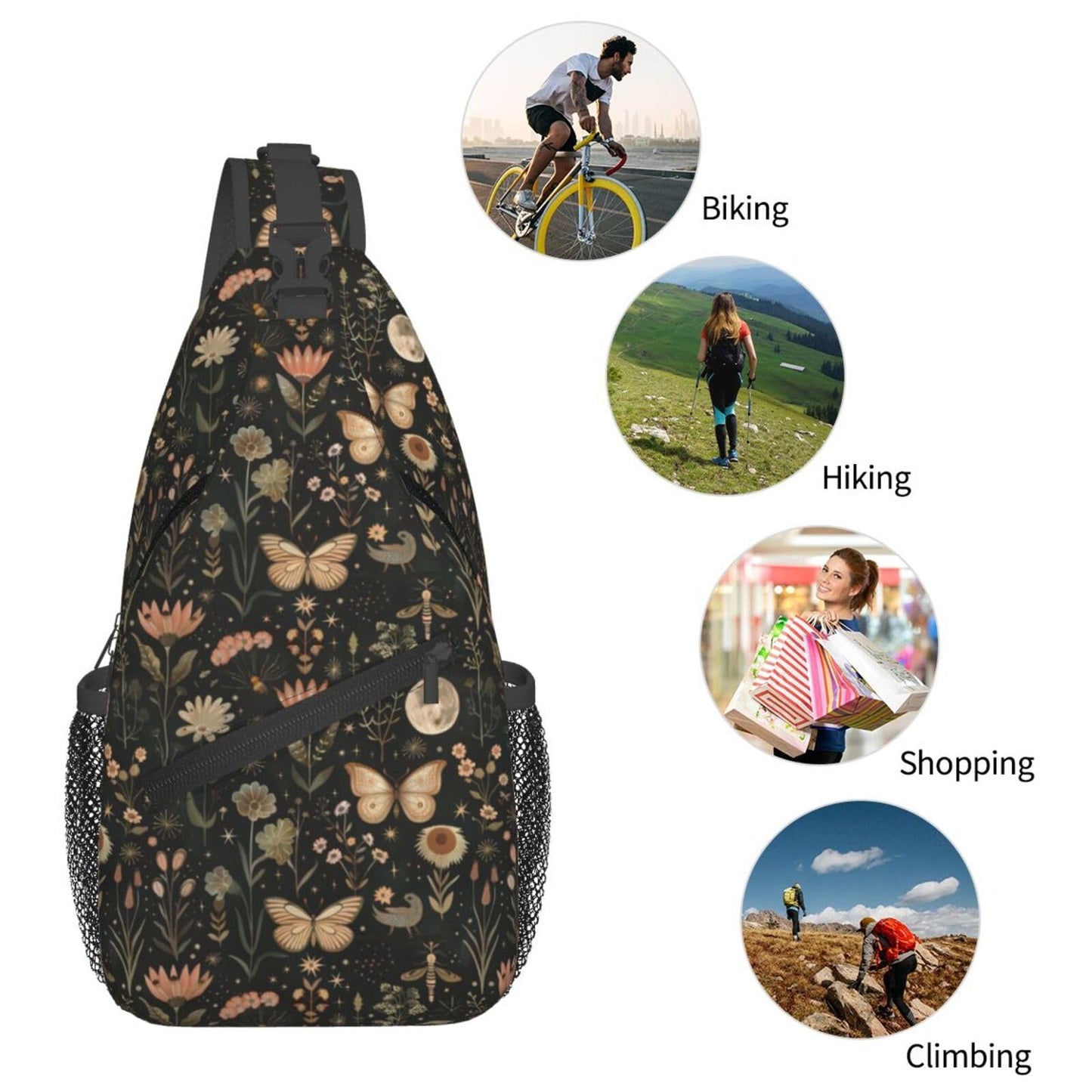 SUPLUCHOM Sling Bag Vintage Butterfly Moon Flower Hiking Daypack Crossbody Shoulder Backpack Travel Chest Pack for Men Women