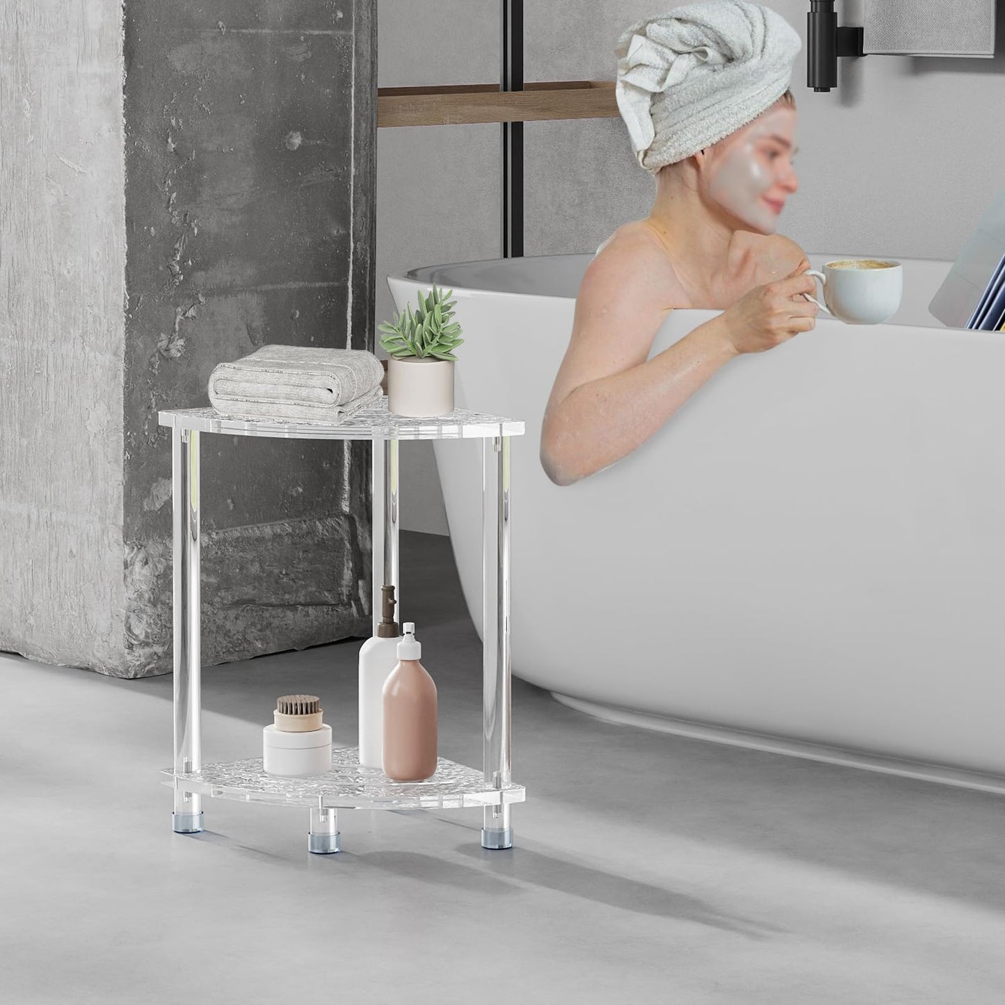 Sumerflos Acrylic Corner Shower Stool for Inside Shower, Clear Small Shower Bench for Shaving Legs Seating Waterproof Heavy Duty Assemble Modern (Textured, 11.81" D x 11.81" W x 18.11" H)