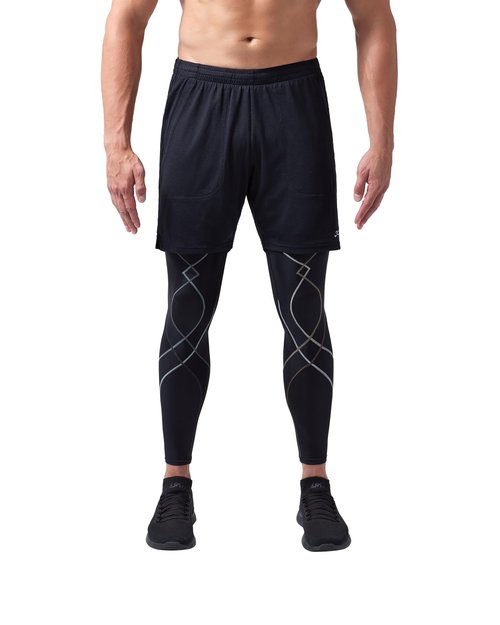 CW-X Men's Stabilyx Joint Support Compression Sports Tights, Pants for Running and Recovery, Black/Charcoal, Large, 225809A