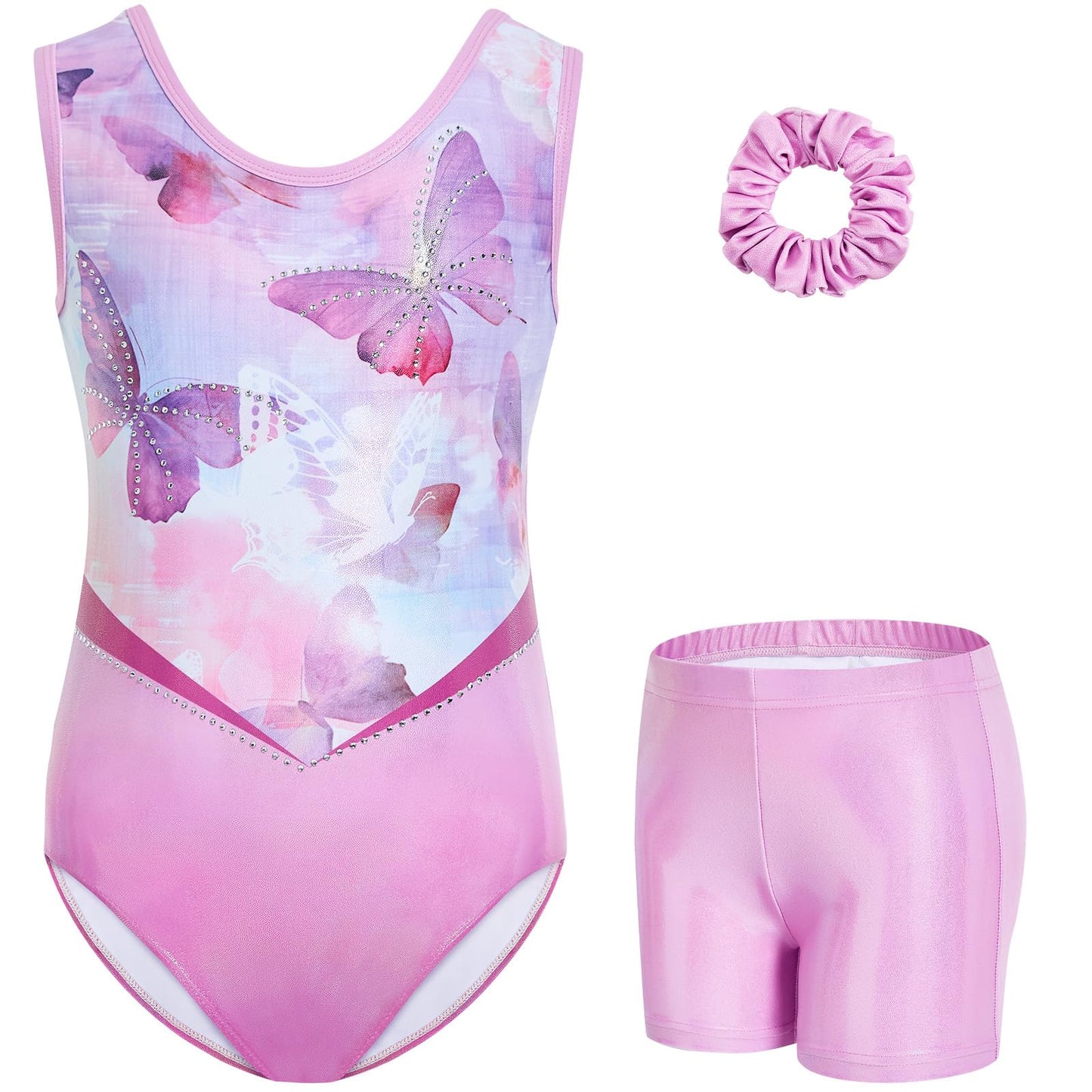 Gogokids Gymnastics Leotards for Girls Sparkly Rhinestone Mesh Cutout Back Dance Unitards Biketards with Shorts Activewear, Pink, 5-6 Years