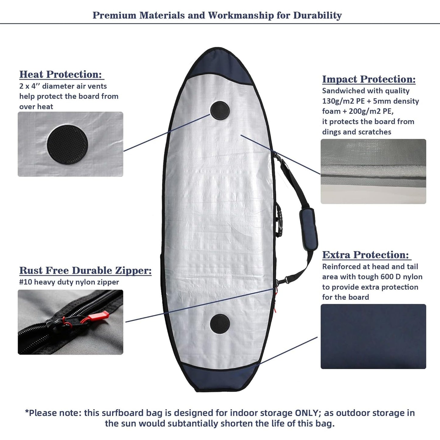 Abahub 6'0 x 22 Surfboard Travel Bag, Foam Padded Day Bag,DarkBlue