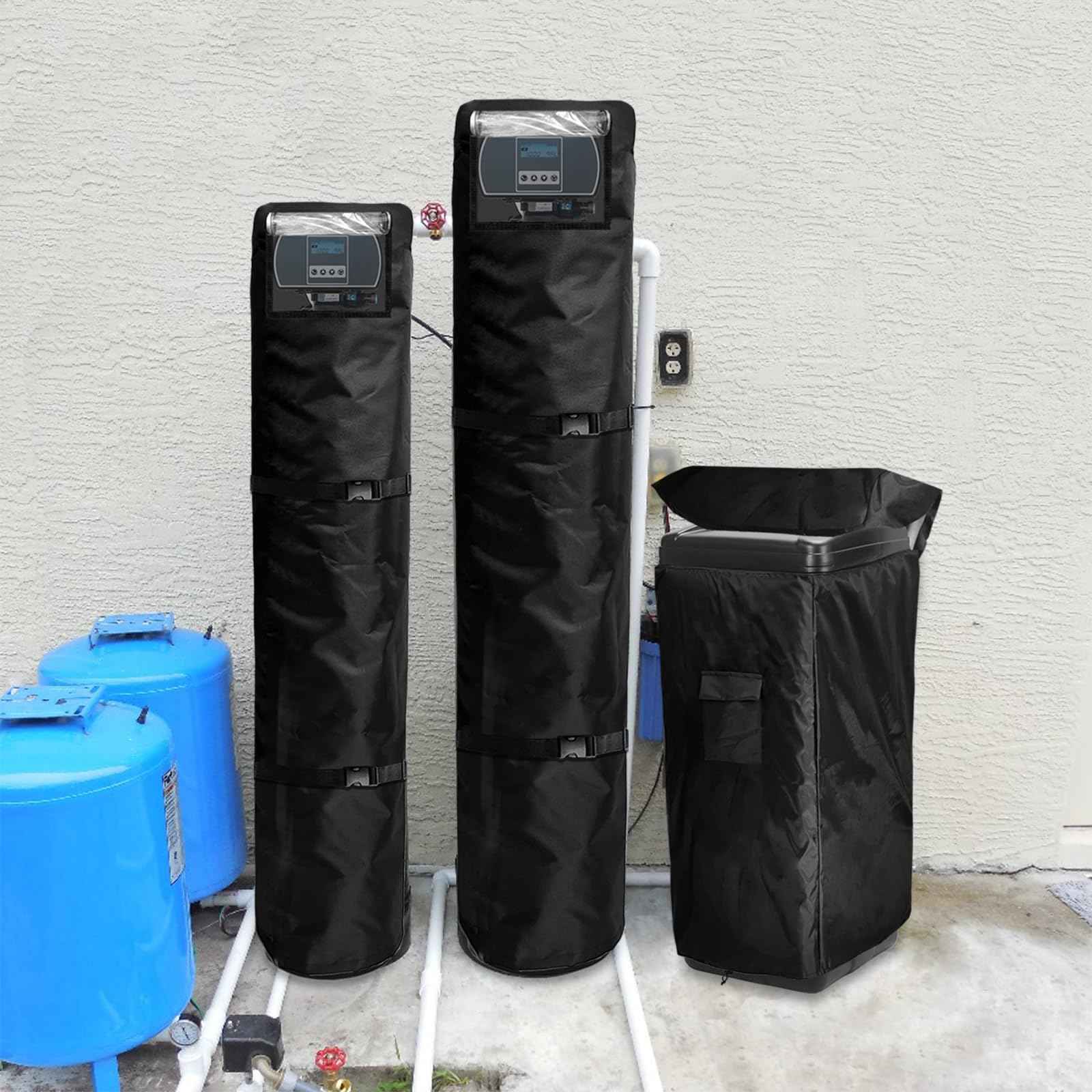 Bitubi Water Softener System Cover Outdoor for PRO+AQUA Water Softener System, 2Pcs Softener Tank/Filter Cover + 1Pcs Brine Tank Cover, All Weather Protection, Black