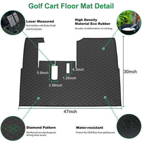 LEAPGOMAX Golf Cart Floor Mat for ICON i20 i40 Full Coverage Floor Liner Mat Replacement Compatible with iCON Golf Carts (i20, i40) and Advanced EV (Gen1) Rubber Non-Slip Easy to Clean-Black Trim