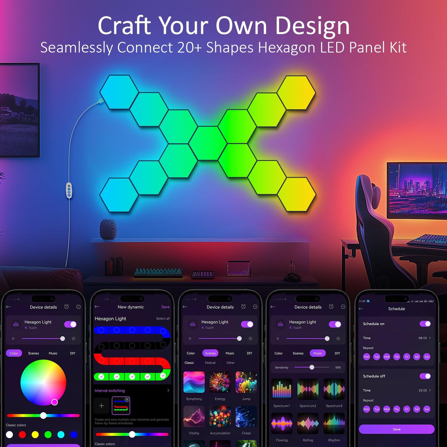 JIMIMORO Big Hexagon LED Light - 8 Pack Smart RGB Hexagon LED Panels Wall Lights with APP & Remote Control Cool Music Sync Gaming Lights for Living Room, Bedroom, Gaming Room, Kids, Adults