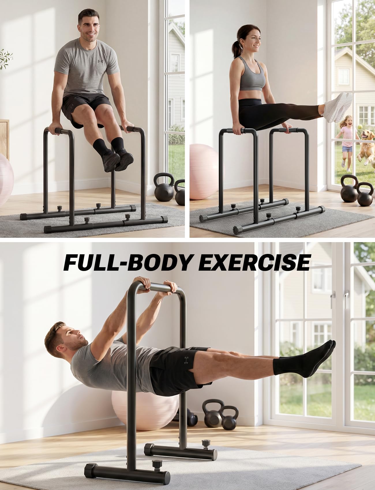 YOLEO Adjustable Dip Bar- 1100lbs Dip Station Portable Functional Fitness Bar with Safety Connector, Heavy Duty Dip Stand Body Press Bar Parallette Exercise Bar Workout Equalizer for Calisthenics