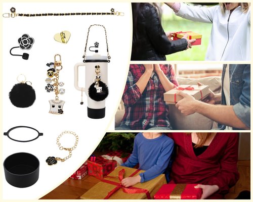 8PCS Elegant Black Set Compatible with Stanley Cup Accessories, Leather Handle Strap, Fashion Pearl Charms, Flower Straw Topper Cover, Silicone Stanley Cup Boot for 40oz 30oz Tumbler, Gifts for Girls