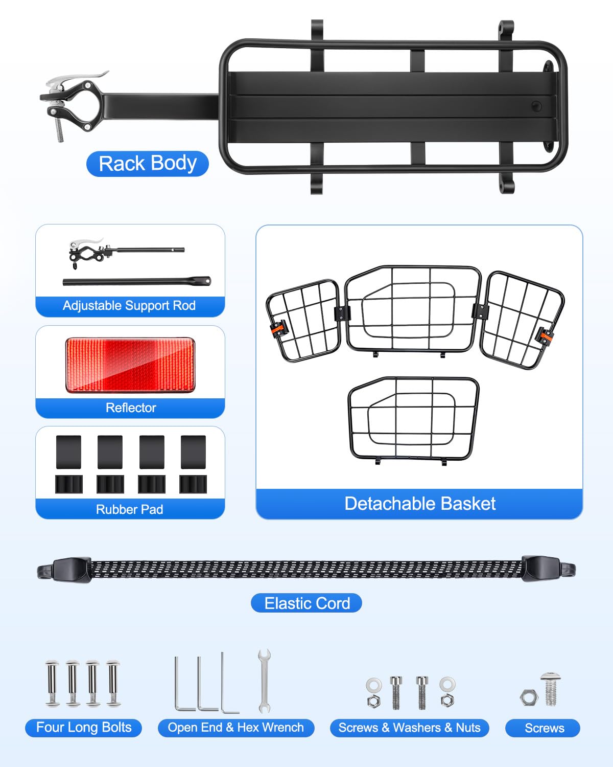 POWVINE Rear Bike Basket, Aluminum Bike Cargo Rack, 22L Capacity Bicycle Basket, Foldable & Removable for Adult Bikes (Tube≤34mm), 165lbs Capacity, Includes Reflector & Bungee Cords