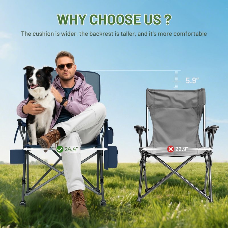 Timber Ridge Oversized Folding Camping Chair with Lumbar Support Adjustable High Back Heavy Duty for Adults Support up to 500lbs with Cup Holder, Cooler Bag, Side Pocket, Blue