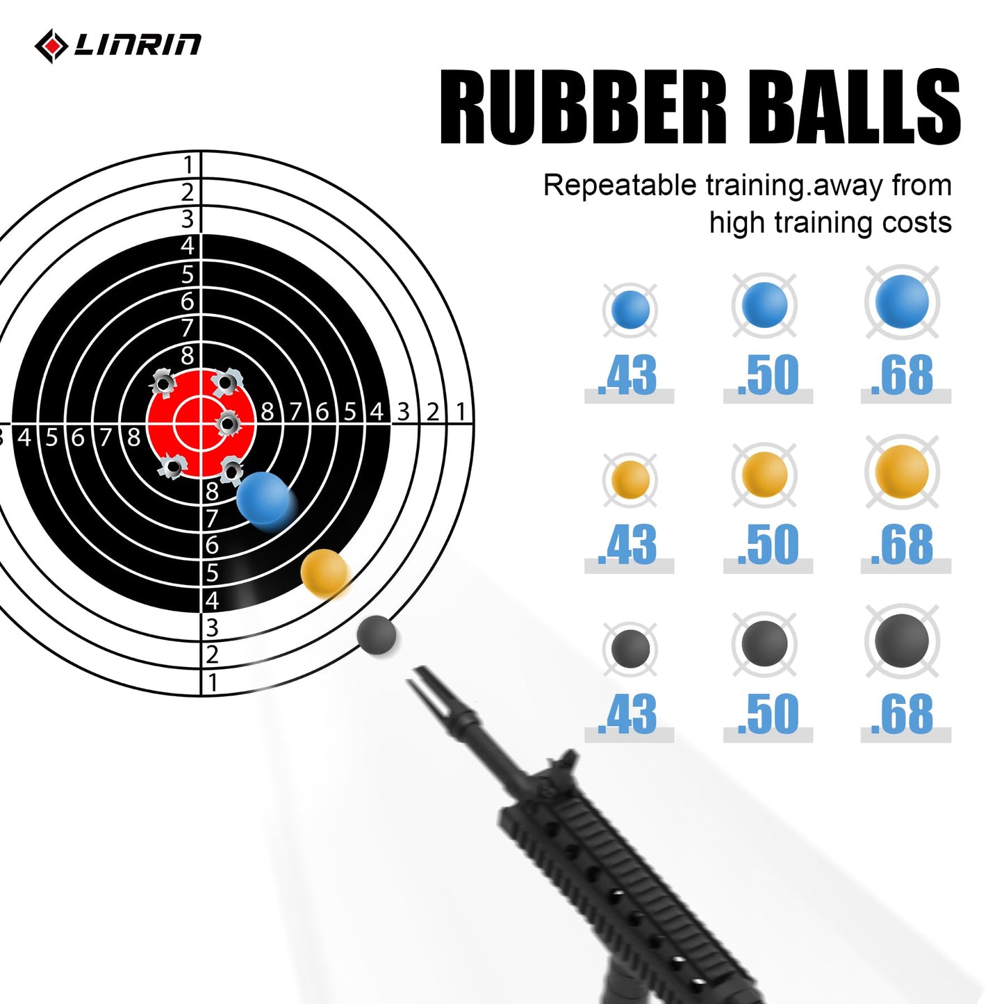 LinRui 100ct .43 Cal Paintball, New Reusable Training Soft Rubber Balls for Paintball Guns .43 Caliber Self Defense Balls Ammo, .43 Rubber Balls Ammo for T4E PPQ/ TPM1/Glock17, with Goggle (Black)