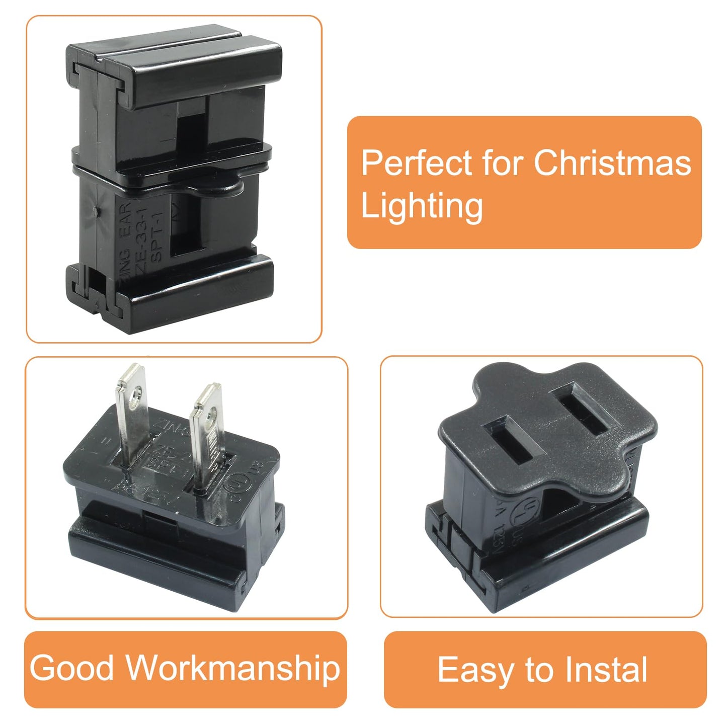 Bonsicoky 20 Pack SPT-1 Vampire Plugs Male and Female - Black Zip Electrical Light End Plug for Holiday Lights Party Decoration