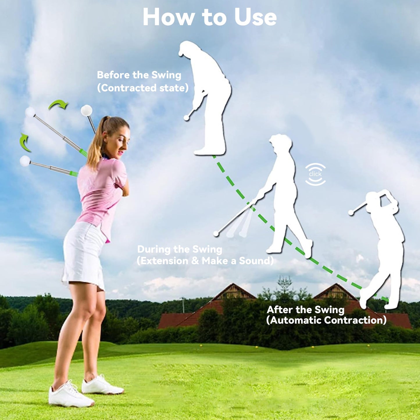 HiSnug Retractable Golf Swing Training Aid - Golf Swing Trainer, Portable Grip Trainer with Click Feedback for Chipping Hitting, Ideal for Beginners, Indoor & Outdoor Practice, Green