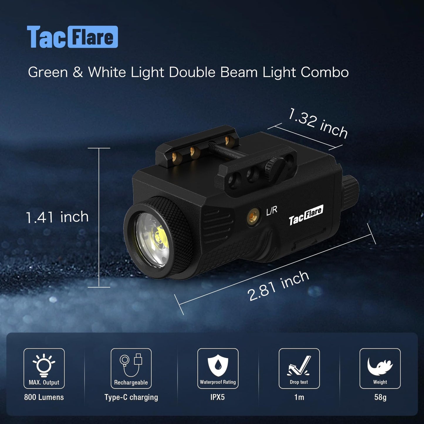 TacFlare Laser Light Combo - 800 Lumens Green Laser Beam Flashlight for Pistol Gun Picatinny 1913 Rail, Tactical Weapon Light Laser, USB C Rechargeable