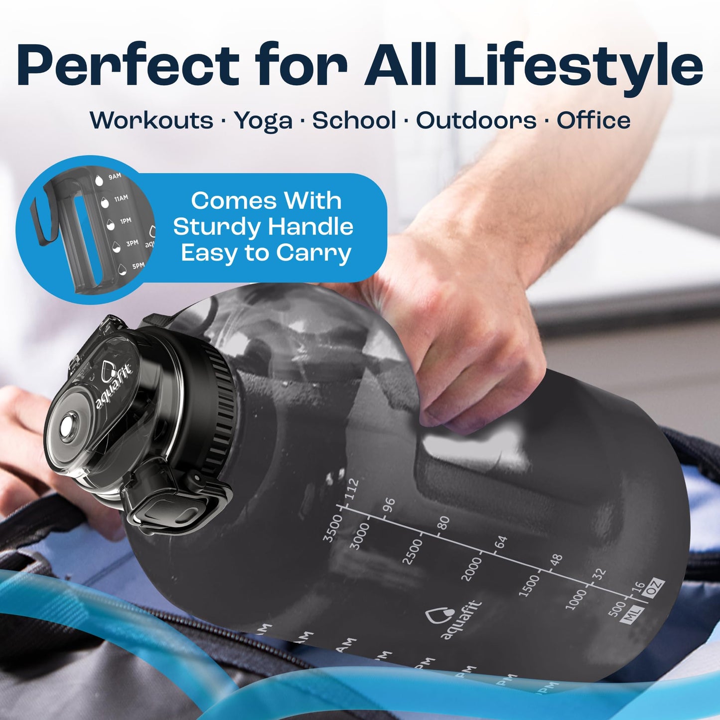 AQUAFIT 1 Gallon Water Bottle with Time Marker - Straw & Chug Lid - BPA Free Gym Water Bottle with Straw - Big Gallon Jug (Gray, 128 oz - 2in1 Lid)