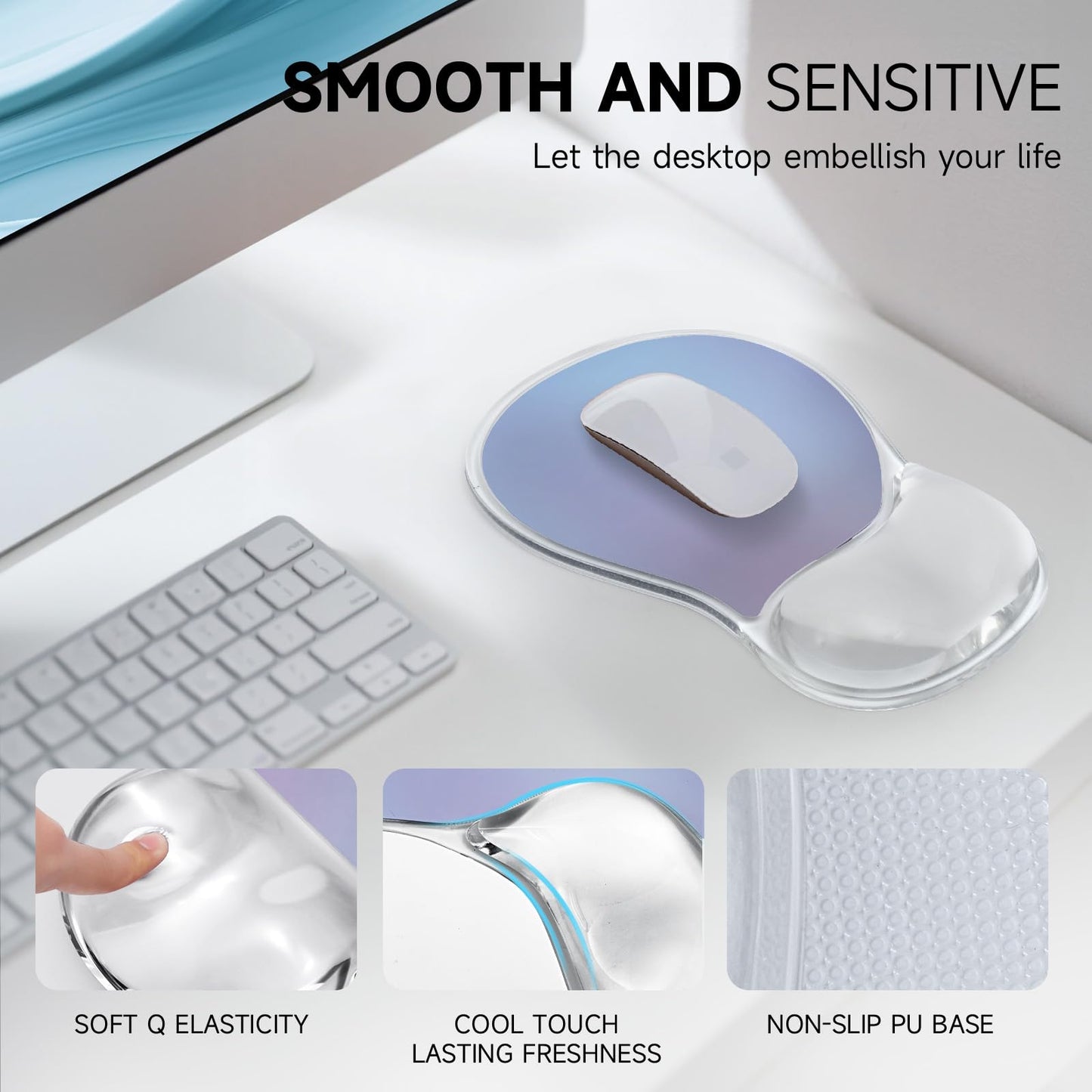 icolor Crystals Gel Wrist Rest Mouse Pads Ergonomic Mouse Mat with Memory Gel Cushion,Non-Slip PU Base Desk Skid Gel Pad for Computer Laptop,Relieves Wrist Pain (BluePurple)