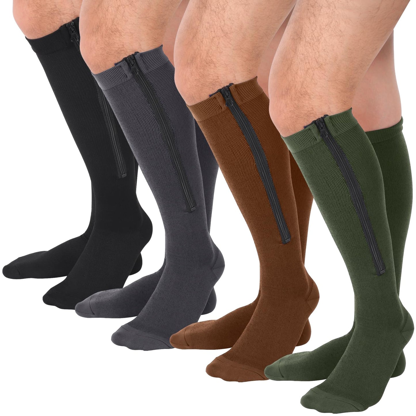 Tarpop 4 Pairs Men Zipper Compression Socks Colorful 20-30mmhg Compression Stockings with Zipper for Men Women Swelling Edema (Dark Color,L/XL)