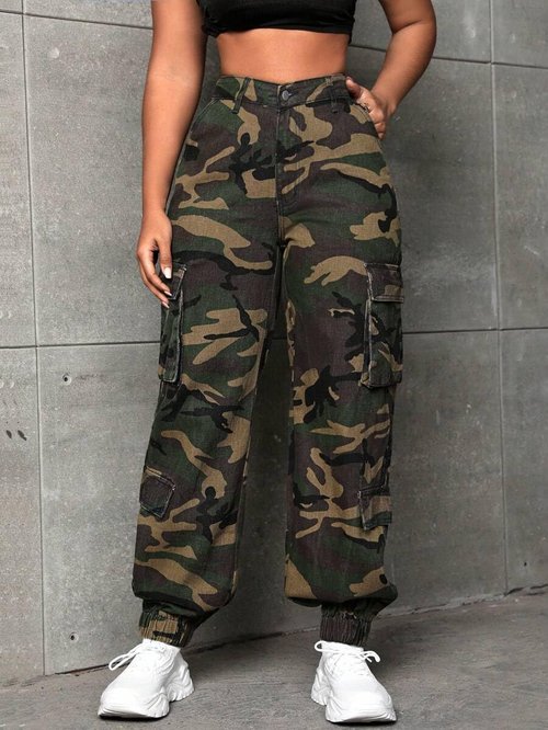 Camo Pants Women Baggy High Waisted Camouflage Cargo Joggers with Multiple Pockets Military Army Sweatpants XL