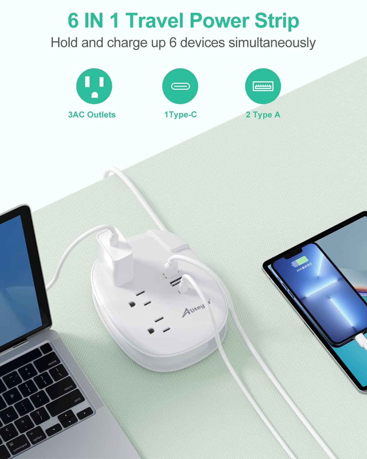 Alitayee USB C Travel Power Strip,Portable Power Strip with 3 Outlets 3 USB Ports Fast Charge, USB Extension Cord with Flat Plug and 4ft Wrapped Around Extension Cord for Cruise Travel Home Office