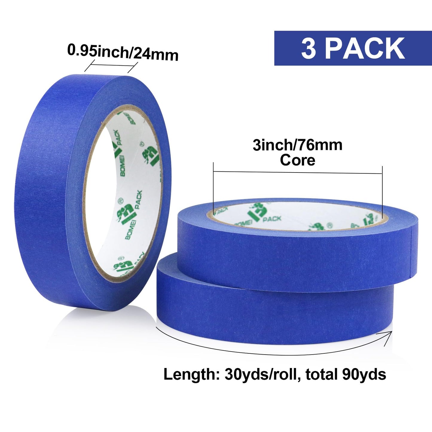 BOMEI PACK 3 Pack Painters Tape, 1 inch x 30yds, Premium Painting Masking Tape, Clean Release Paper Tape for Home and Office (Blue)