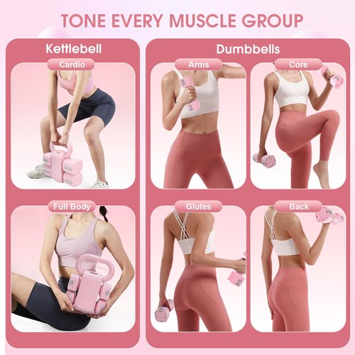 Axiqunel Adjustable 2-in-1 Convertible Kettlebell & Dumbbells Set, 4 in 1 Free Weights Dumbbell Set of 2, Each 2.2 3.3 4.4 5.5lb Quick Change Women Dumbbell Set for Home Exercise Training(Pink)