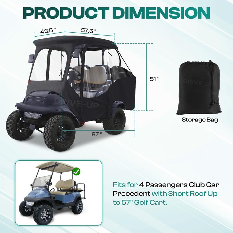 DRIVE UP Golf Cart Enclosure, Club Car Enclosure Fits for 4 Passengers Club Car Precedent Golf Cart, 600D Waterproof Portable Golf Cart Cover 4 Passenger with Zippered Doors and 4-Sided Clear Window